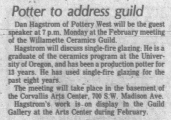 Dan Hagstrom is Guest Speaker at Ceramic Guild Meeting, Corvallis Gazette-Times, Corvallis, Oregon, Friday, 8 Feb 1980, Page 11